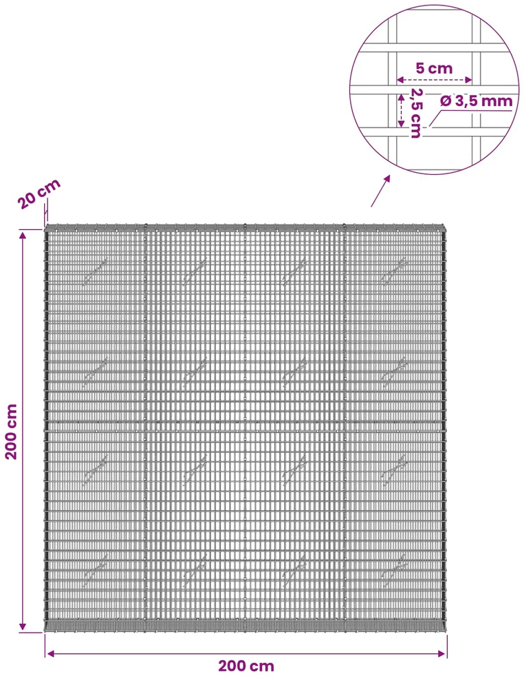 Gabionas su 3,5 mm viela ir 5x2,5 cm tinkleliu 200x20x200 cm