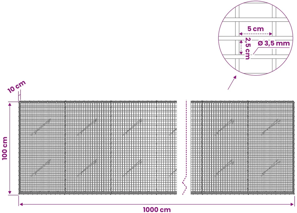 Gabionas su 3,5 mm viela ir 5x2,5 cm tinkleliu 1000x10x100 cm