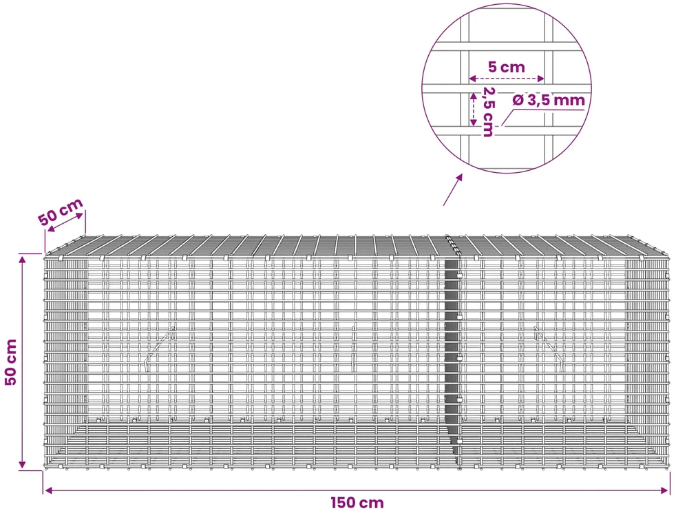Gabionas su 3,5 mm viela ir 5x2,5 cm tinkleliu 150x50x50 cm
