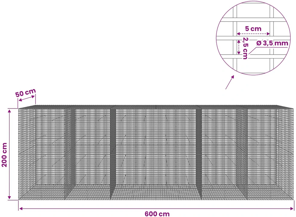 Gabionas su 3,5 mm viela ir 5x2,5 cm tinkleliu 600x50x200 cm