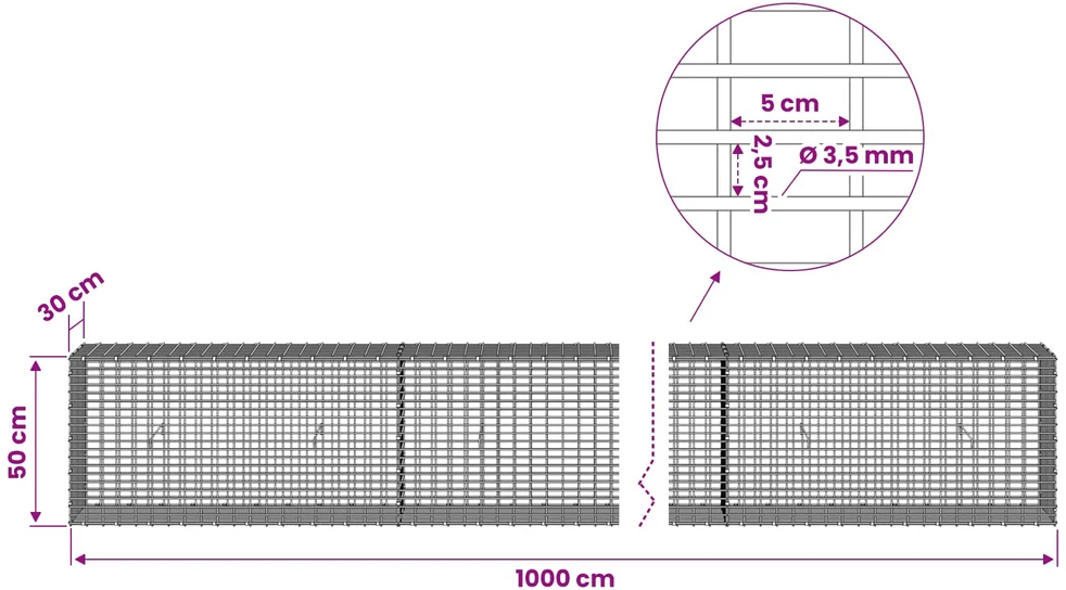 Gabionas su 3,5 mm viela ir 5x2,5 cm tinkleliu 1000x30x50 cm