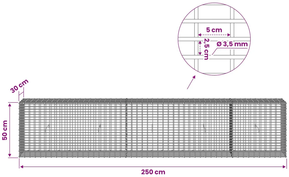 Gabionas su 3,5 mm viela ir 5x2,5 cm tinkleliu 250x30x50 cm