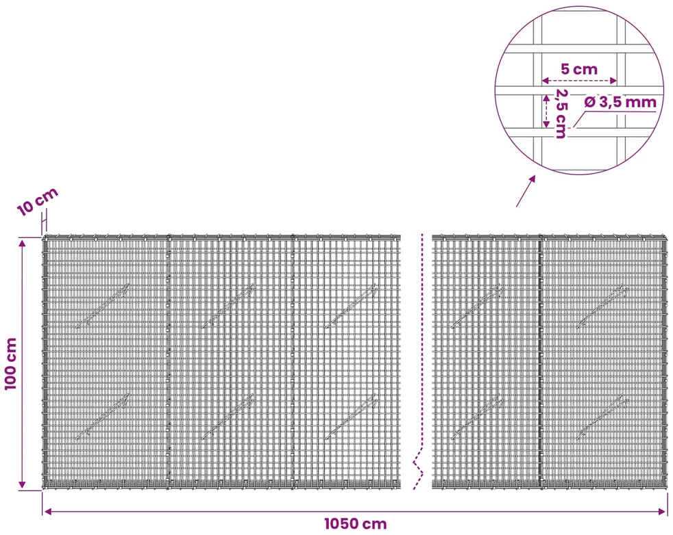 Gabionas su 3,5 mm viela ir 5x2,5 cm tinkleliu 1050x10x100 cm