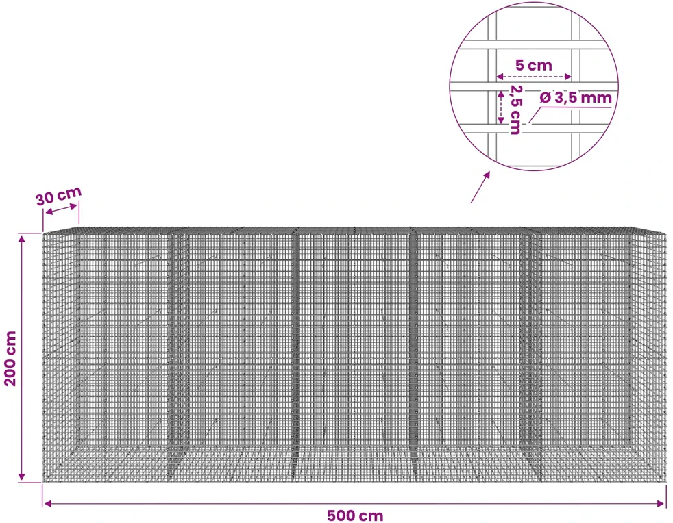 Gabionas su 3,5 mm viela ir 5x2,5 cm tinkleliu 500x30x200 cm