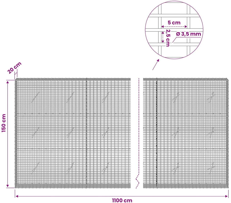 Gabionas su 3,5 mm viela ir 5x2,5 cm tinkleliu 1100x20x150 cm