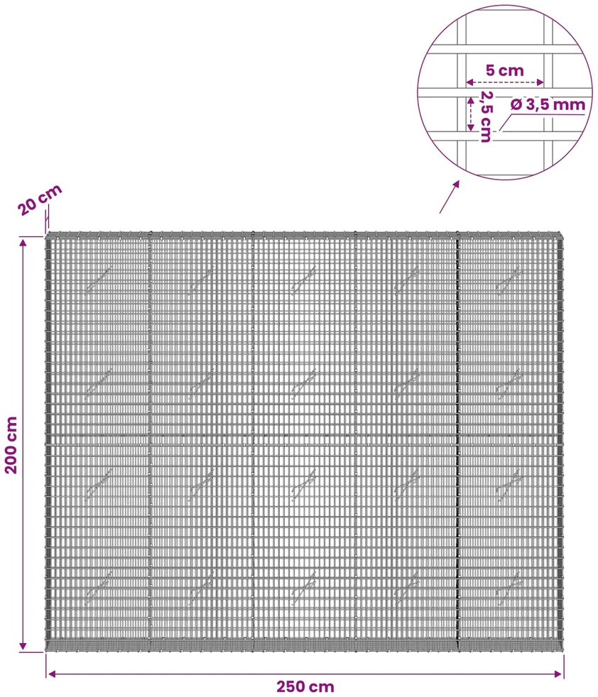 Gabionas su 3,5 mm viela ir 5x2,5 cm tinkleliu 250x20x200 cm