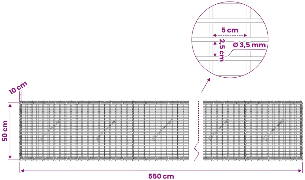 Gabionas su 3,5 mm viela ir 5x2,5 cm tinkleliu 550x10x50 cm