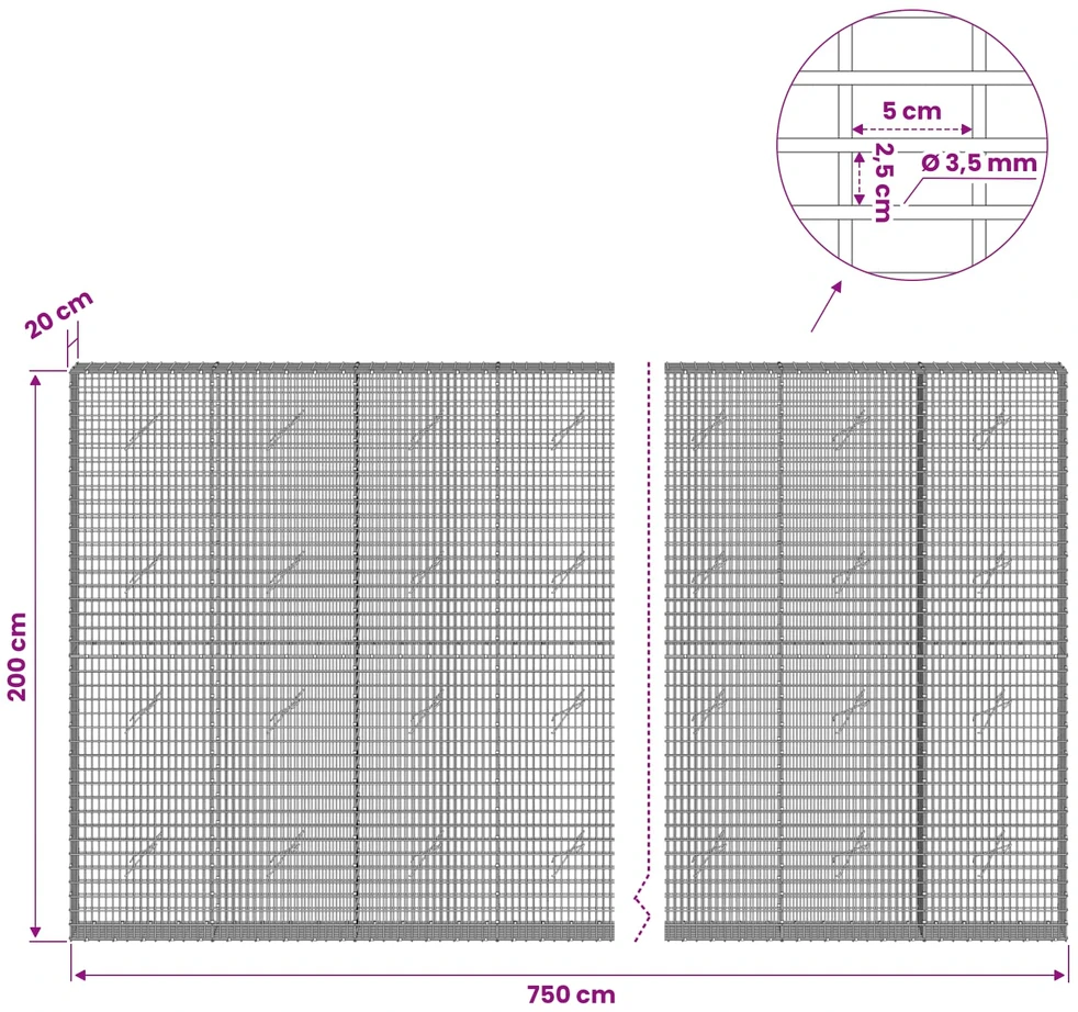 Gabionas su 3,5 mm viela ir 5x2,5 cm tinkleliu 750x20x200 cm