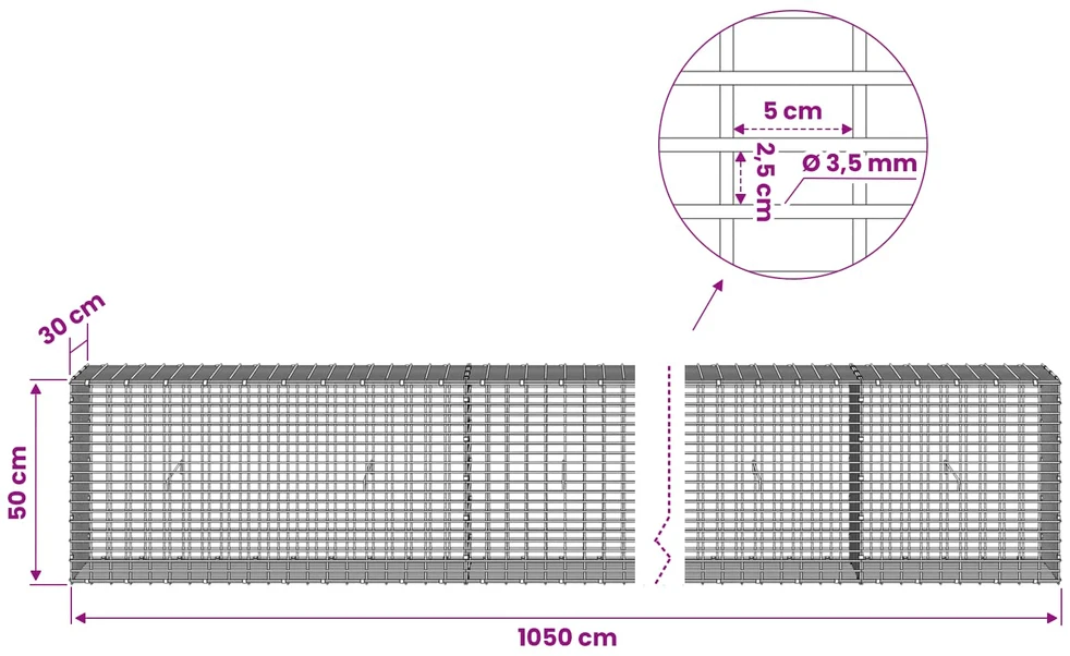 Gabionas su 3,5 mm viela ir 5x2,5 cm tinkleliu 1050x30x50 cm