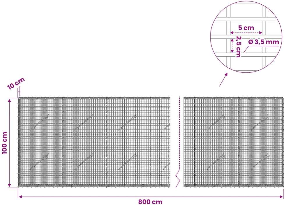 Gabionas su 3,5 mm viela ir 5x2,5 cm tinkleliu 800x10x100 cm