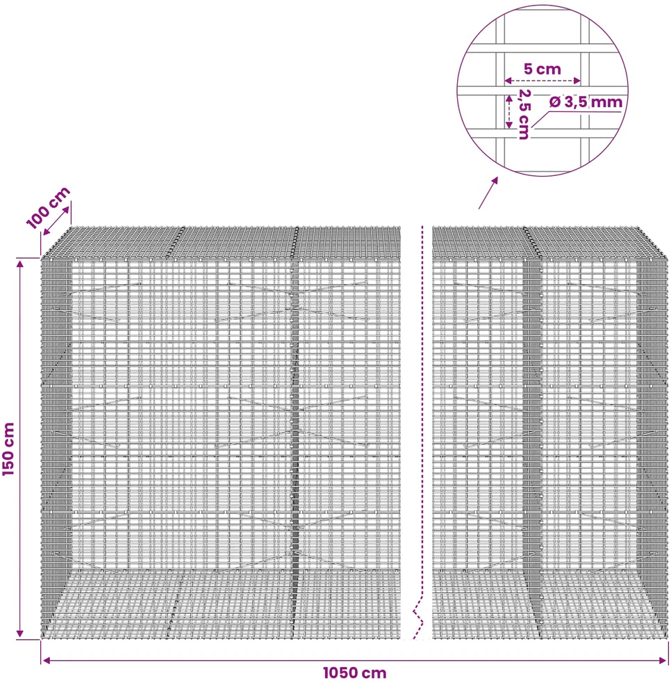 Gabionas su 3,5 mm viela ir 5x2,5 cm tinkleliu 1050x100x150 cm