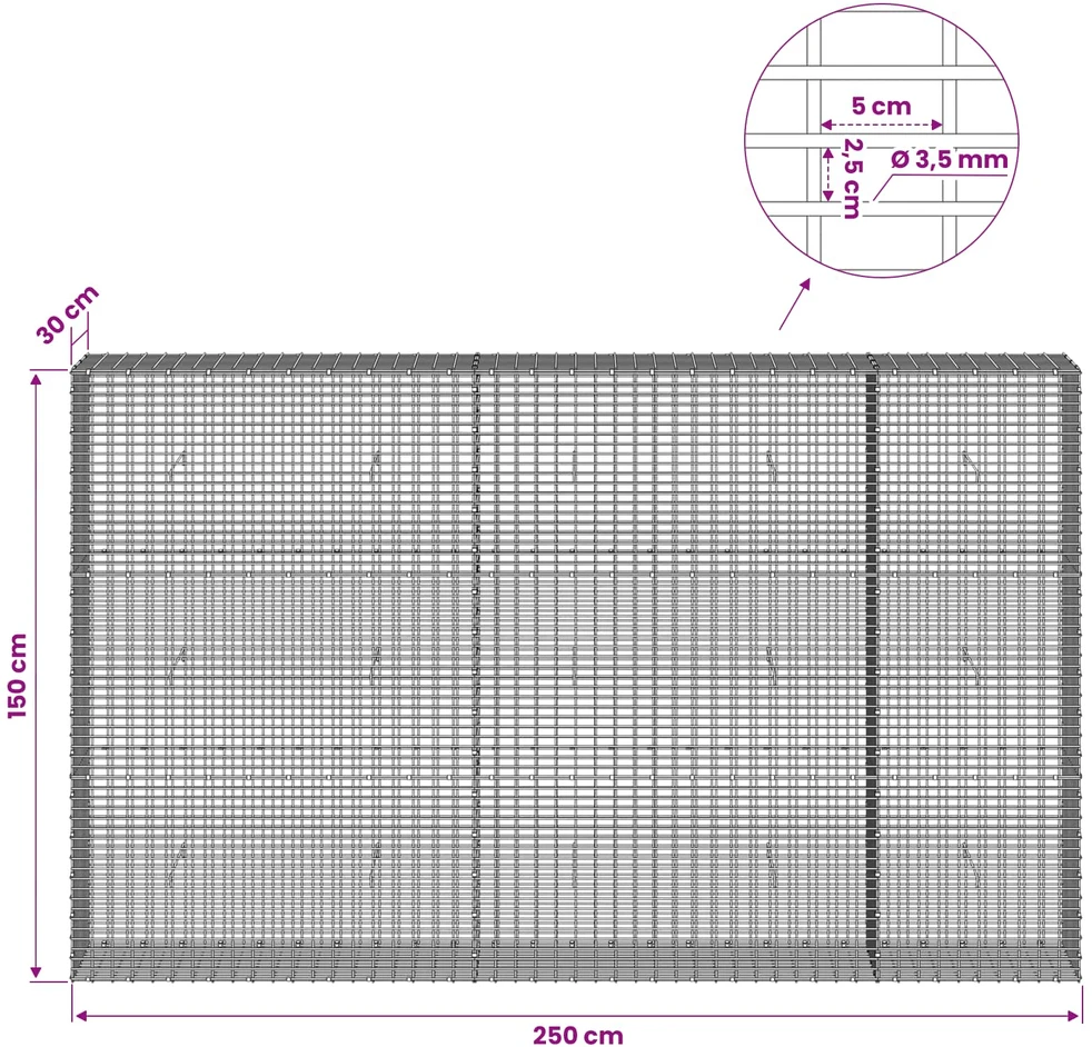 Gabionas su 3,5 mm viela ir 5x2,5 cm tinkleliu 250x30x150 cm
