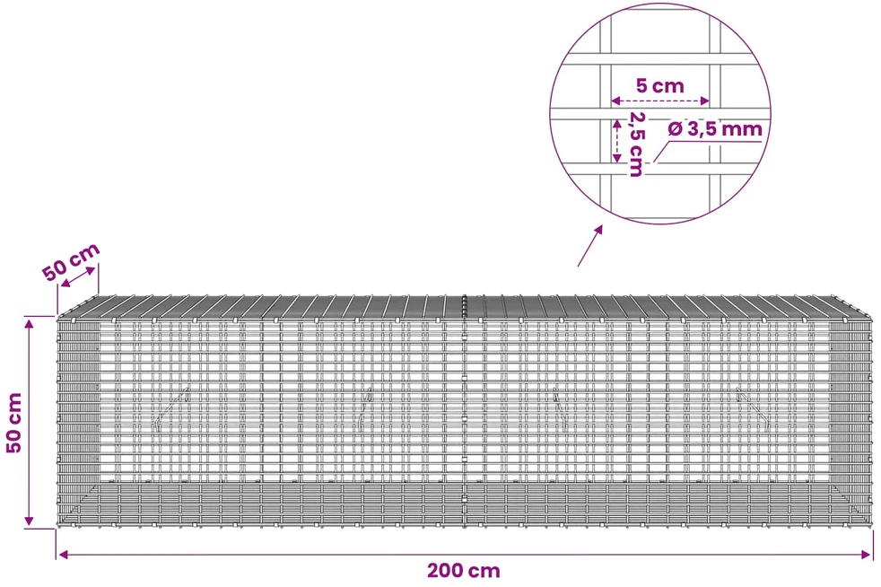 Gabionas su 3,5 mm viela ir 5x2,5 cm tinkleliu 200x50x50 cm