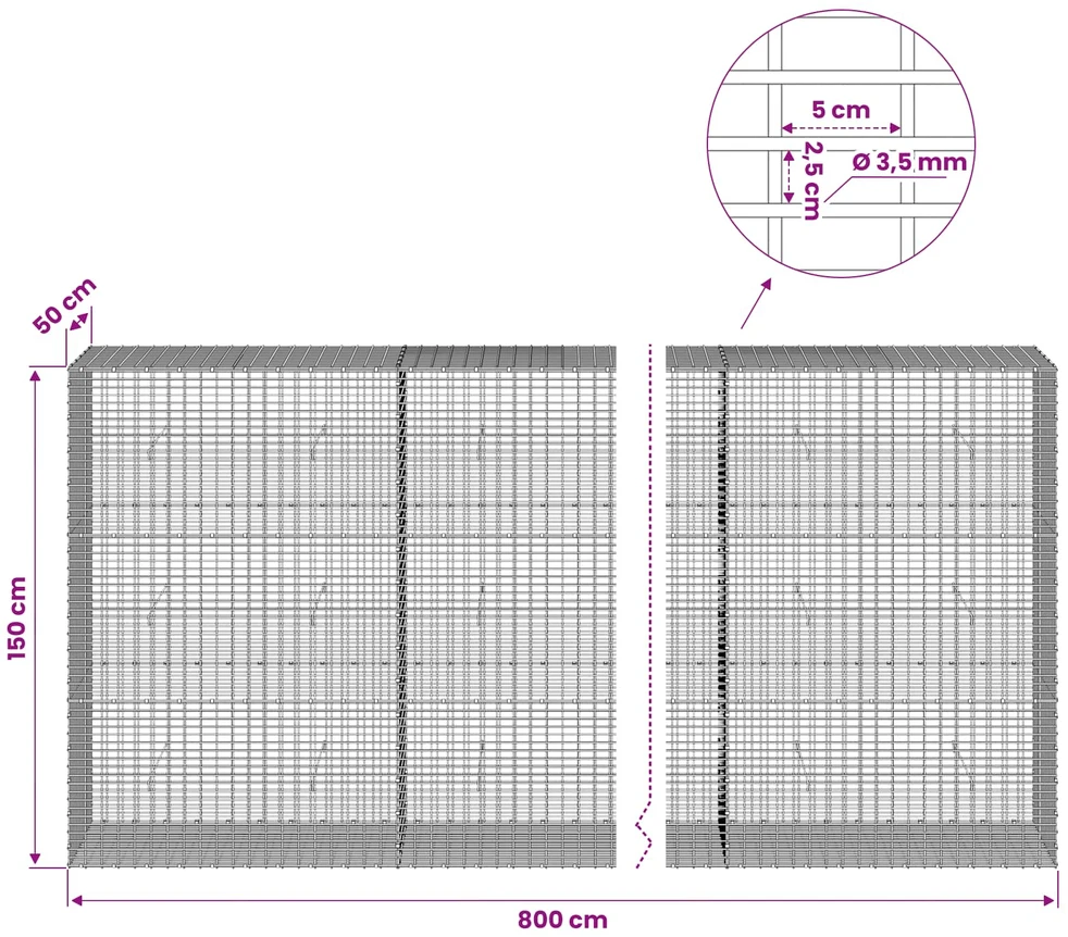 Gabionas su 3,5 mm viela ir 5x2,5 cm tinkleliu 800x50x150 cm