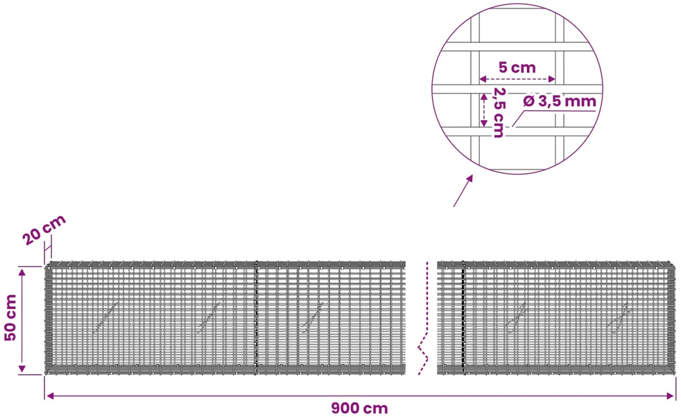 Gabionas su 3,5 mm viela ir 5x2,5 cm tinkleliu 900x20x50 cm