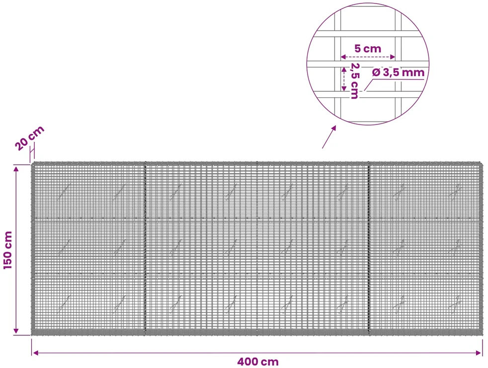 Gabionas su 3,5 mm viela ir 5x2,5 cm tinkleliu 400x20x150 cm