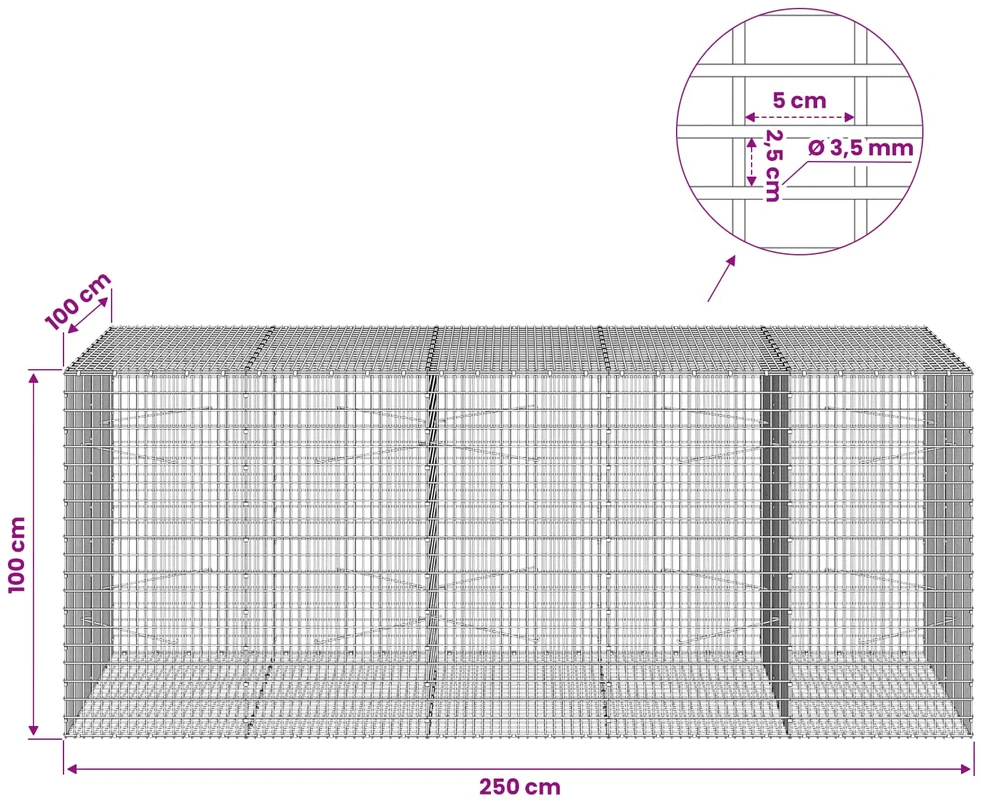 Gabionas su 3,5 mm viela ir 5x2,5 cm tinkleliu 250x100x100 cm
