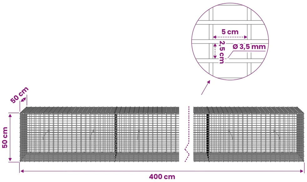 Gabionas su 3,5 mm viela ir 5x2,5 cm tinkleliu 400x50x50 cm