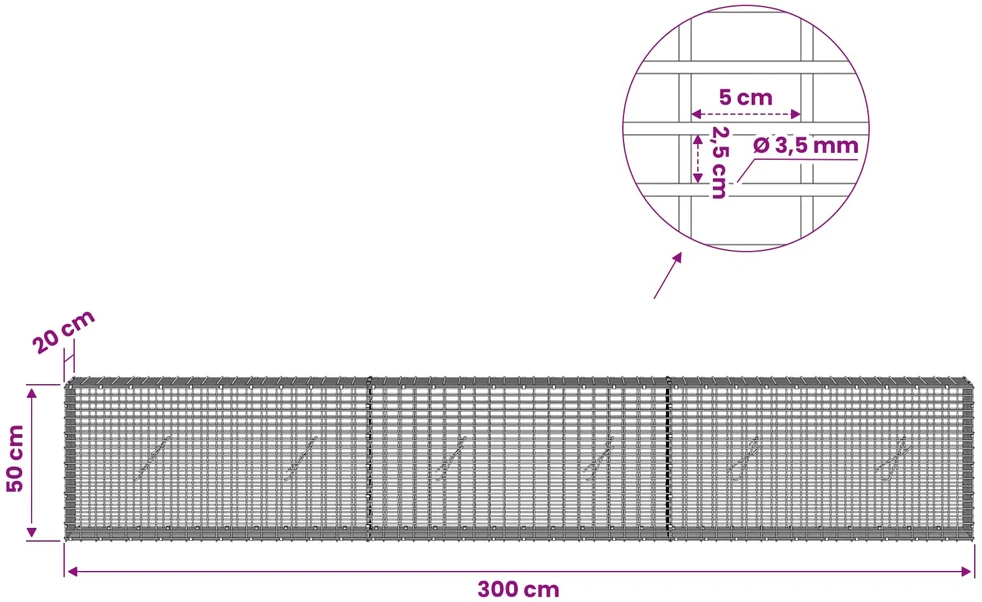 Gabionas su 3,5 mm viela ir 5x2,5 cm tinkleliu 300x20x50 cm