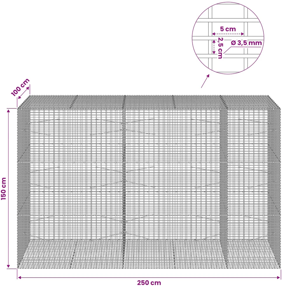 Gabionas su 3,5 mm viela ir 5x2,5 cm tinkleliu 250x100x150 cm
