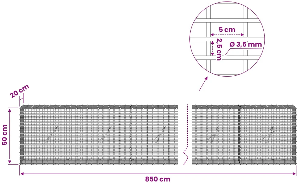 Gabionas su 3,5 mm viela ir 5x2,5 cm tinkleliu 850x20x50 cm