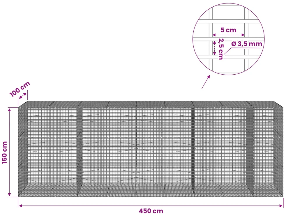 Gabionas su 3,5 mm viela ir 5x2,5 cm tinkleliu 450x100x150 cm