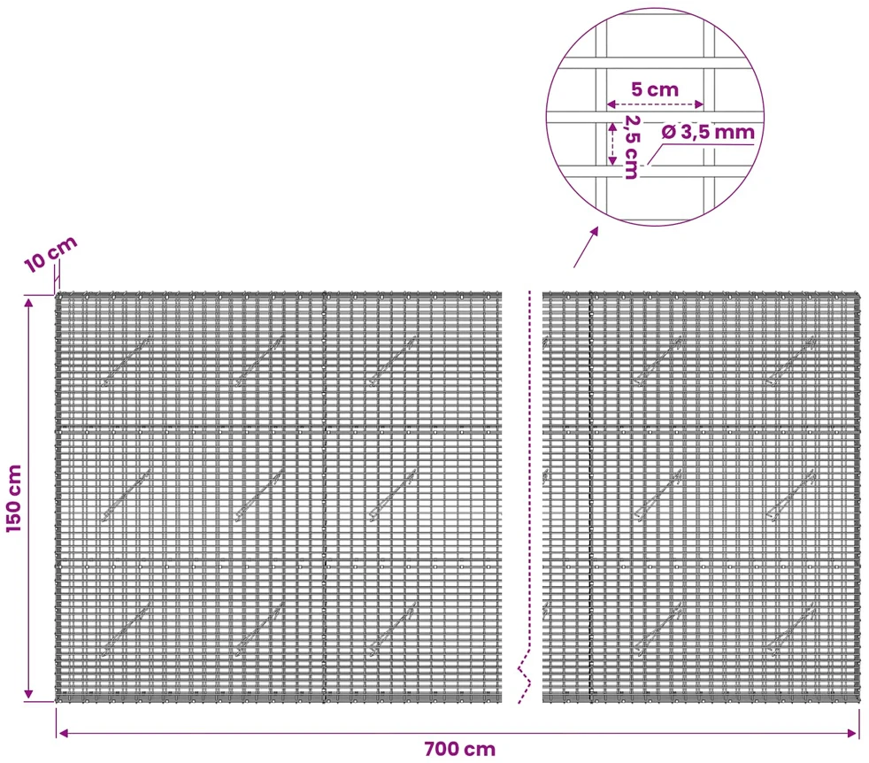 Gabionas su 3,5 mm viela ir 5x2,5 cm tinkleliu 700x10x150 cm