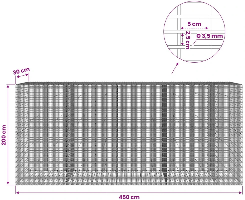 Gabionas su 3,5 mm viela ir 5x2,5 cm tinkleliu 450x30x200 cm