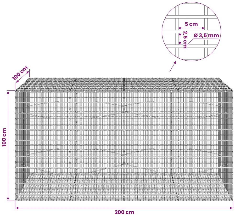 Gabionas su 3,5 mm viela ir 5x2,5 cm tinkleliu 200x100x100 cm