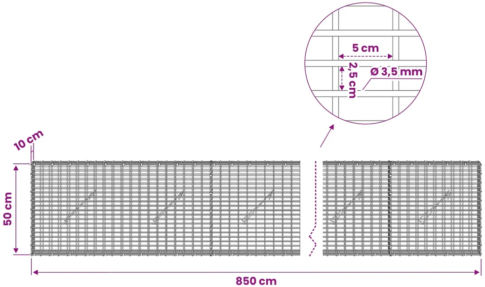 Gabionas su 3,5 mm viela ir 5x2,5 cm tinkleliu 850x10x50 cm