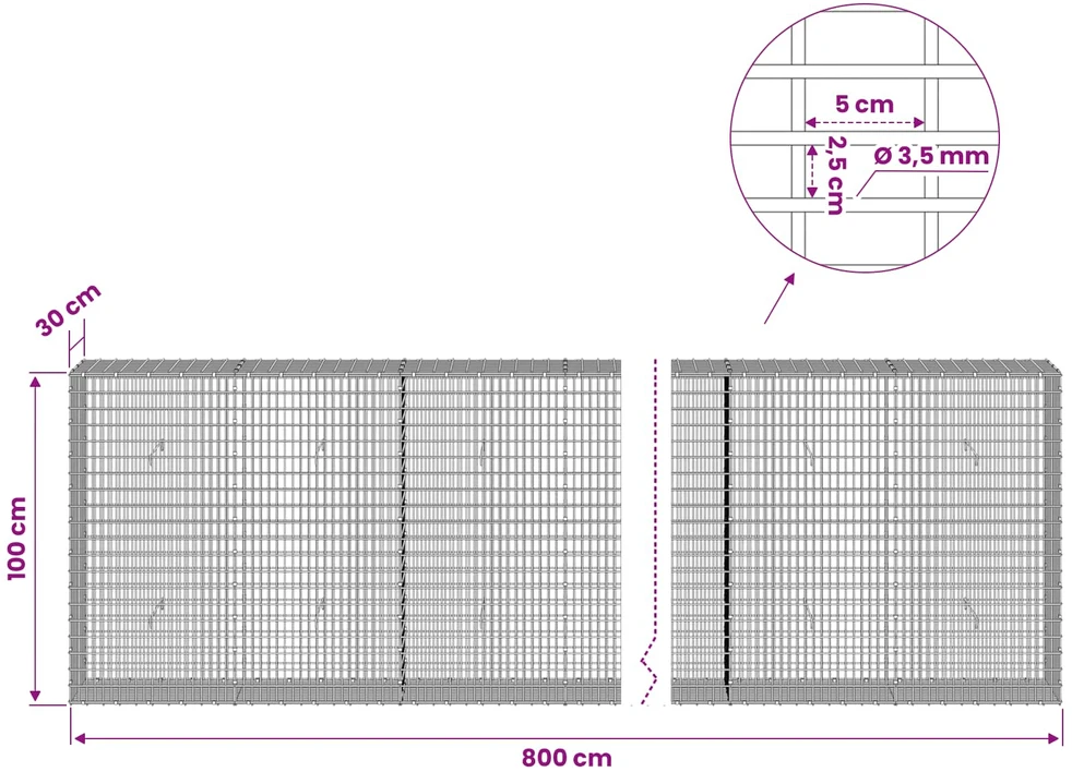 Gabionas su 3,5 mm viela ir 5x2,5 cm tinkleliu 800x30x100 cm