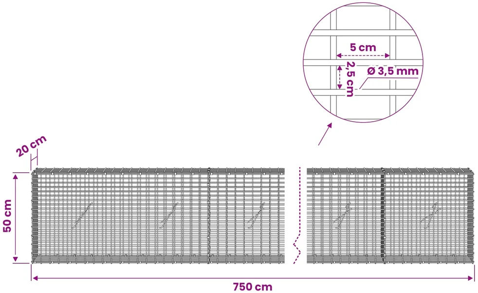 Gabionas su 3,5 mm viela ir 5x2,5 cm tinkleliu 750x20x50 cm