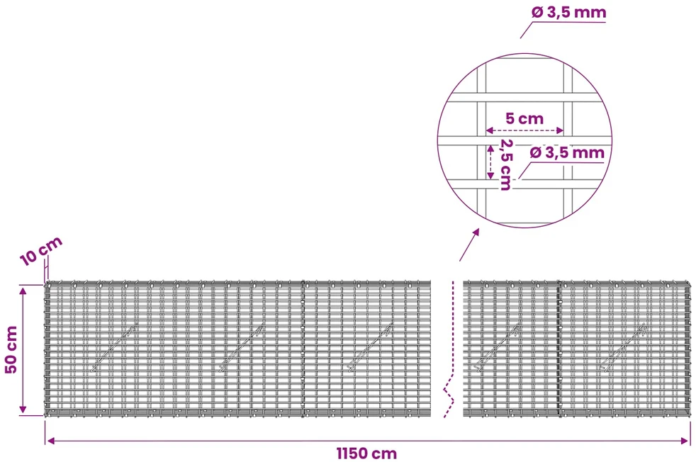 Gabionas su 3,5 mm viela ir 5x2,5 cm tinkleliu 1150x10x50 cm