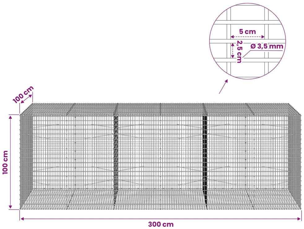Gabionas su 3,5 mm viela ir 5x2,5 cm tinkleliu 300x100x100 cm