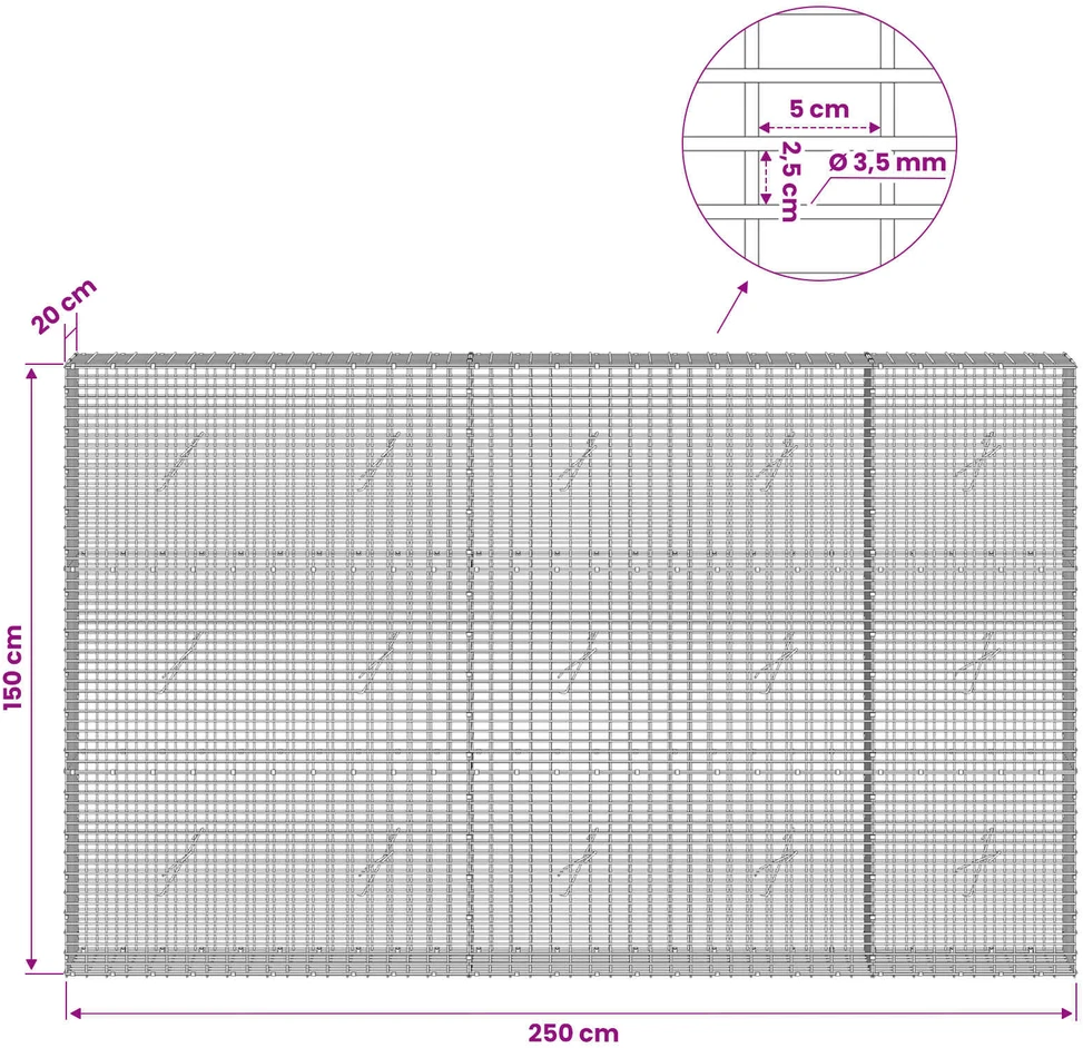 Gabionas su 3,5 mm viela ir 5x2,5 cm tinkleliu 250x20x150 cm