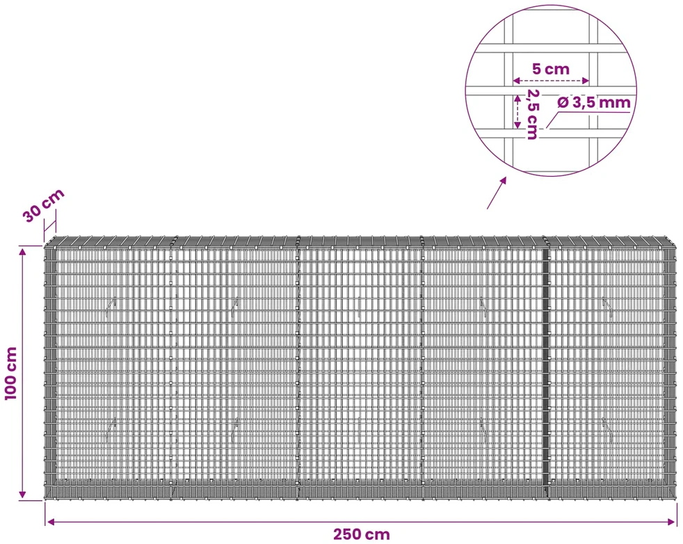 Gabionas su 3,5 mm viela ir 5x2,5 cm tinkleliu 250x30x100 cm