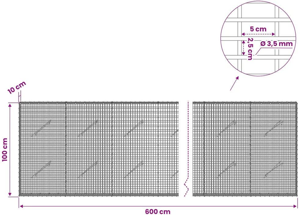 Gabionas su 3,5 mm viela ir 5x2,5 cm tinkleliu 600x10x100 cm