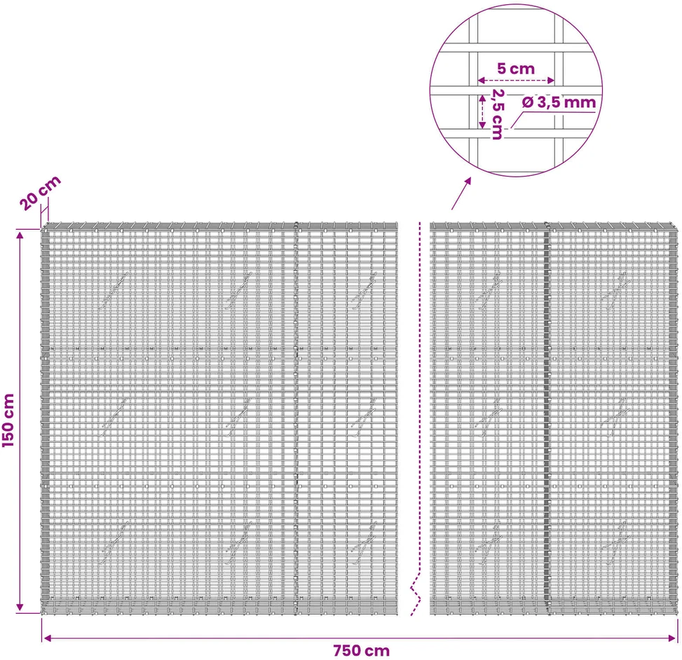 Gabionas su 3,5 mm viela ir 5x2,5 cm tinkleliu 750x20x150 cm