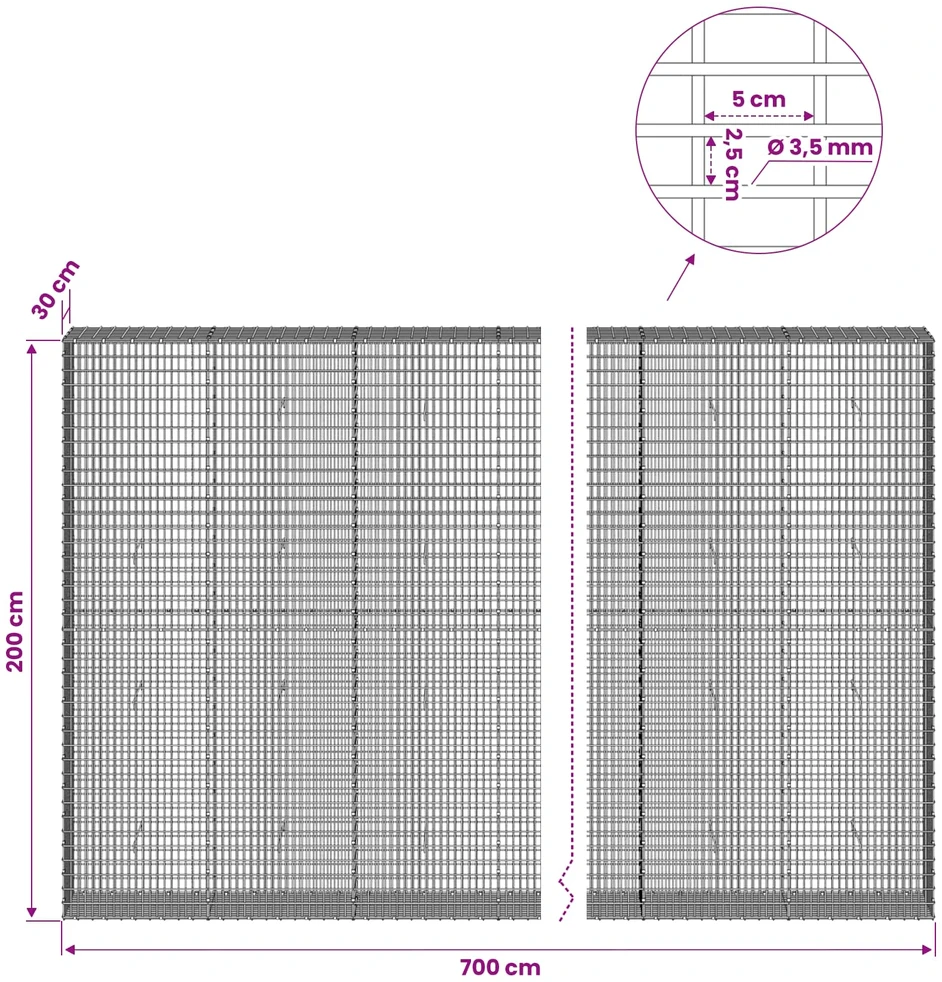 Gabionas su 3,5 mm viela ir 5x2,5 cm tinkleliu 700x30x200 cm