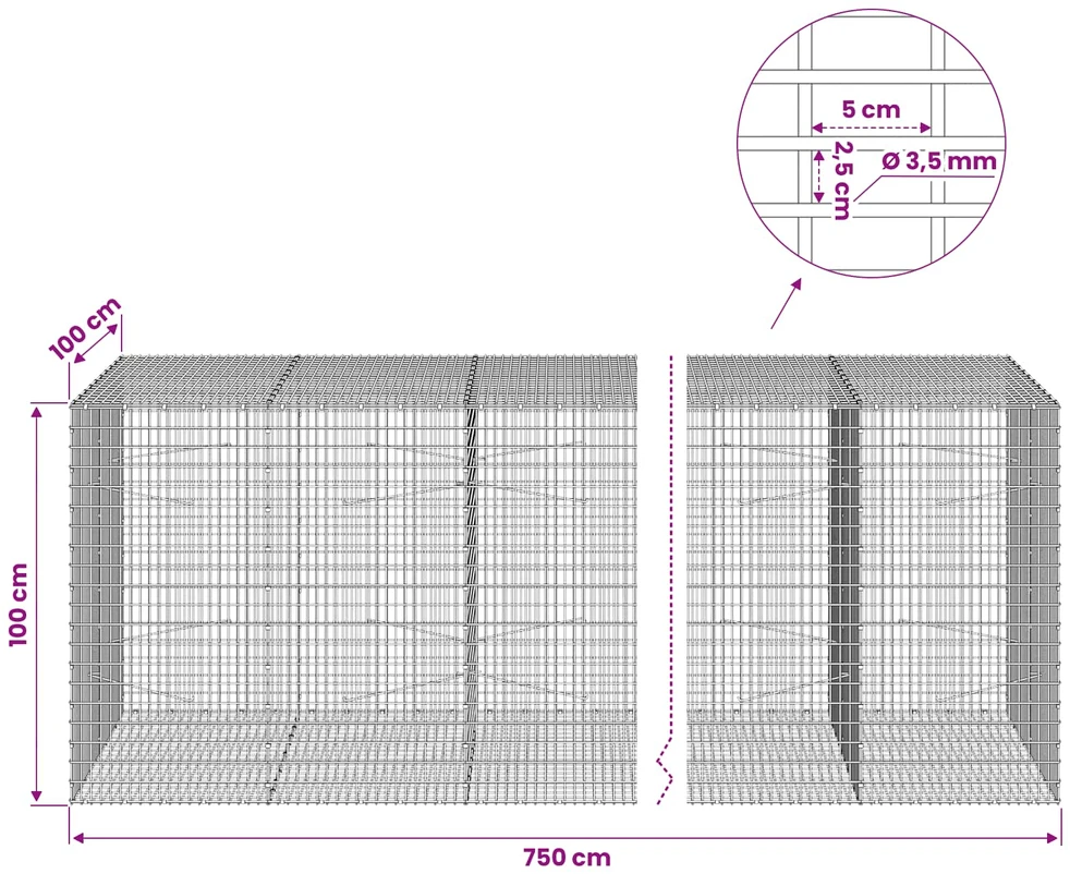 Gabionas su 3,5 mm viela ir 5x2,5 cm tinkleliu 750x100x100 cm