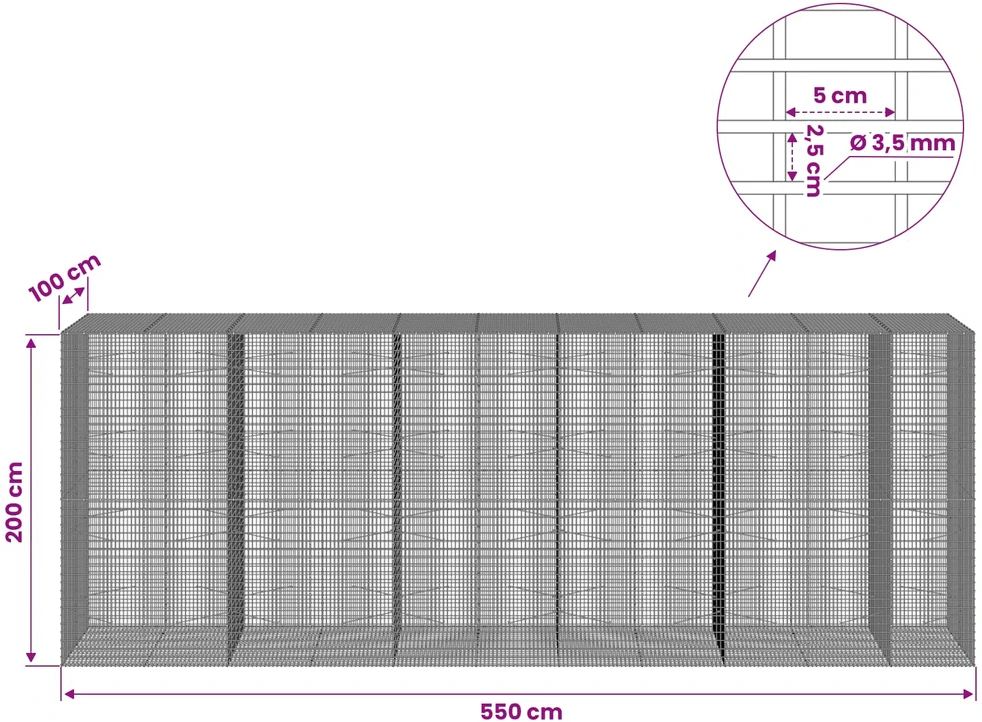 Gabionas su 3,5 mm viela ir 5x2,5 cm tinkleliu 550x100x200 cm