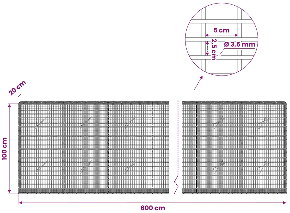 Gabionas su 3,5 mm viela ir 5x2,5 cm tinkleliu 600x20x100 cm