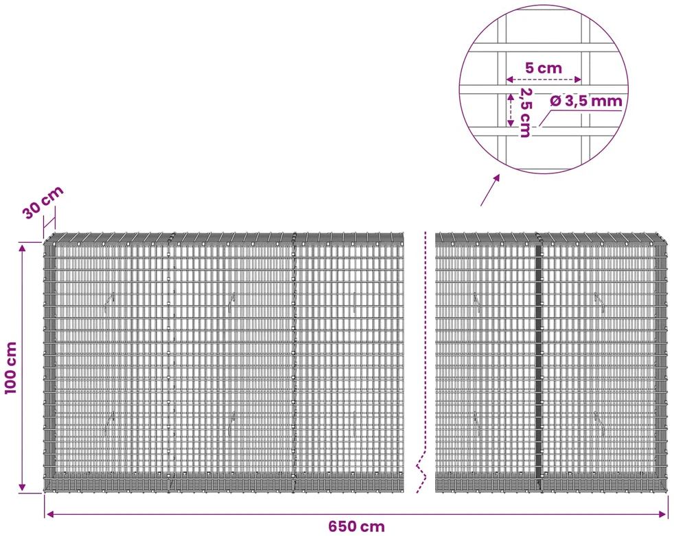 Gabionas su 3,5 mm viela ir 5x2,5 cm tinkleliu 650x30x100 cm
