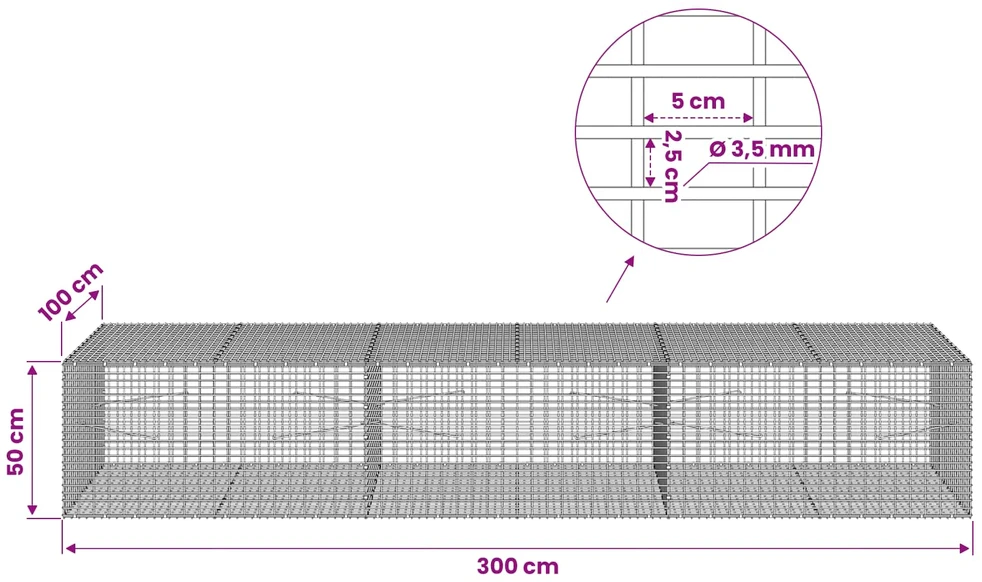 Gabionas su 3,5 mm viela ir 5x2,5 cm tinkleliu 300x100x50 cm