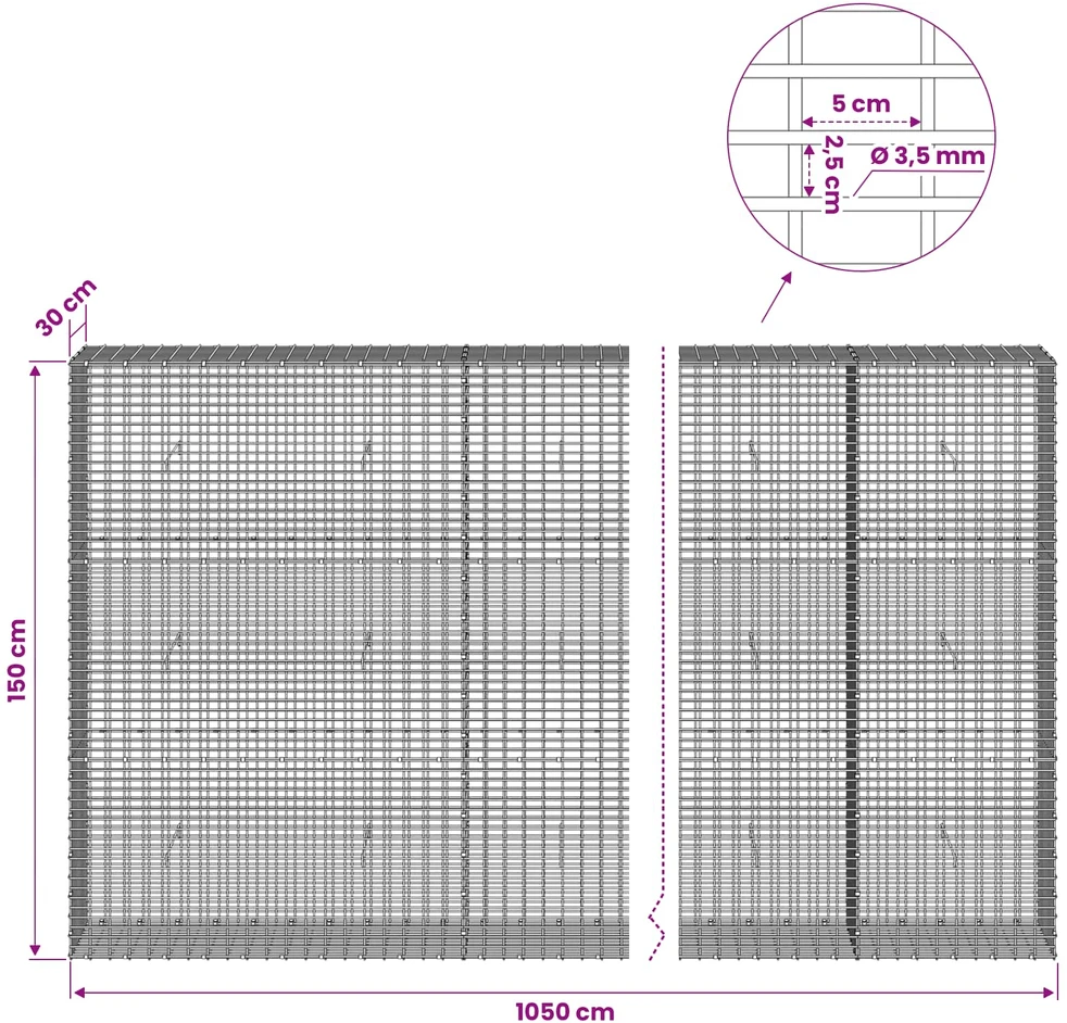 Gabionas su 3,5 mm viela ir 5x2,5 cm tinkleliu 1050x30x150 cm