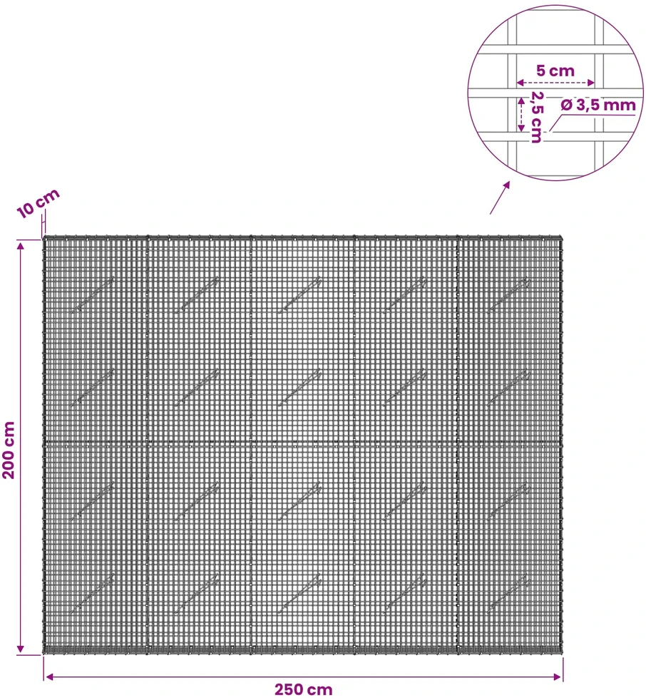 Gabionas su 3,5 mm viela ir 5x2,5 cm tinkleliu 250x10x200 cm
