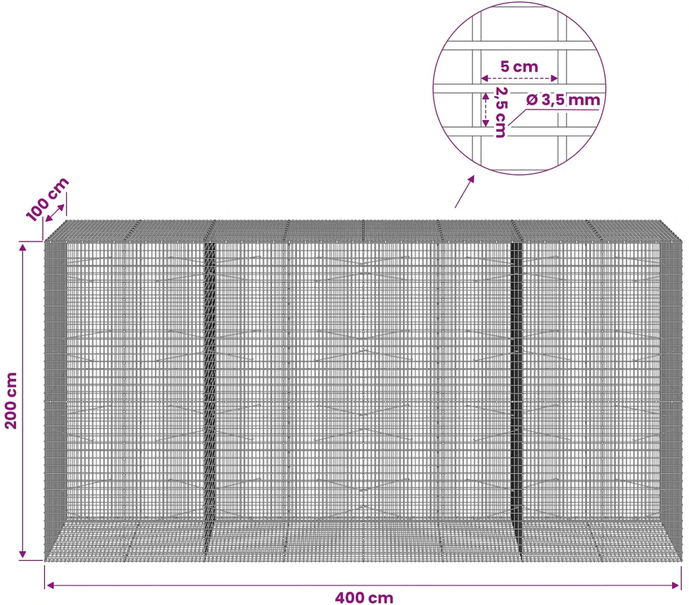 Gabionas su 3,5 mm viela ir 5x2,5 cm tinkleliu 400x100x200 cm