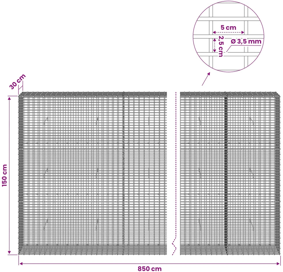 Gabionas su 3,5 mm viela ir 5x2,5 cm tinkleliu 850x30x150 cm