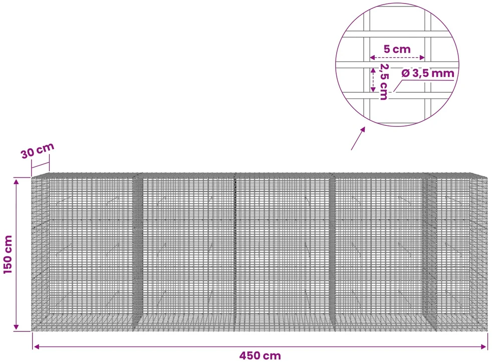Gabionas su 3,5 mm viela ir 5x2,5 cm tinkleliu 450x30x150 cm