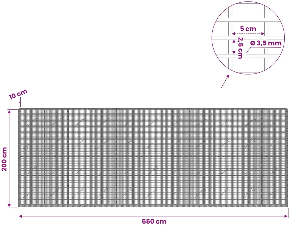 Gabionas su 3,5 mm viela ir 5x2,5 cm tinkleliu 550x10x200 cm